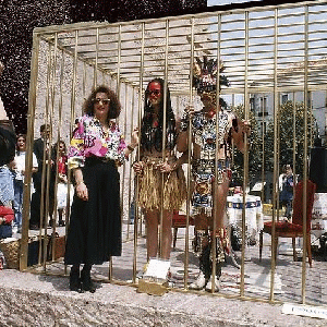 Coco Fusco and Guillermo Gómez-Peña, the couple in the cage, 1992